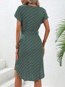 SHEIN Clasi 幾何印花蝙蝠袖繫腰帶連衣裙 - 墨綠色 - 查看 2