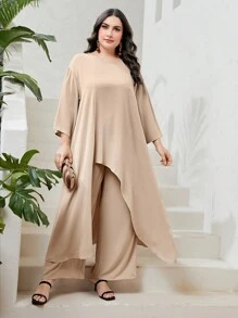 Mulvari 大碼素色不對稱下擺上衣&闊腿褲 - 卡其色 - 查看 1