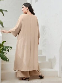 Mulvari 大碼素色不對稱下擺上衣&闊腿褲 - 卡其色 - 查看 2