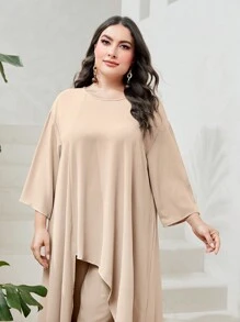 Mulvari 大碼素色不對稱下擺上衣&闊腿褲 - 卡其色 - 查看 5