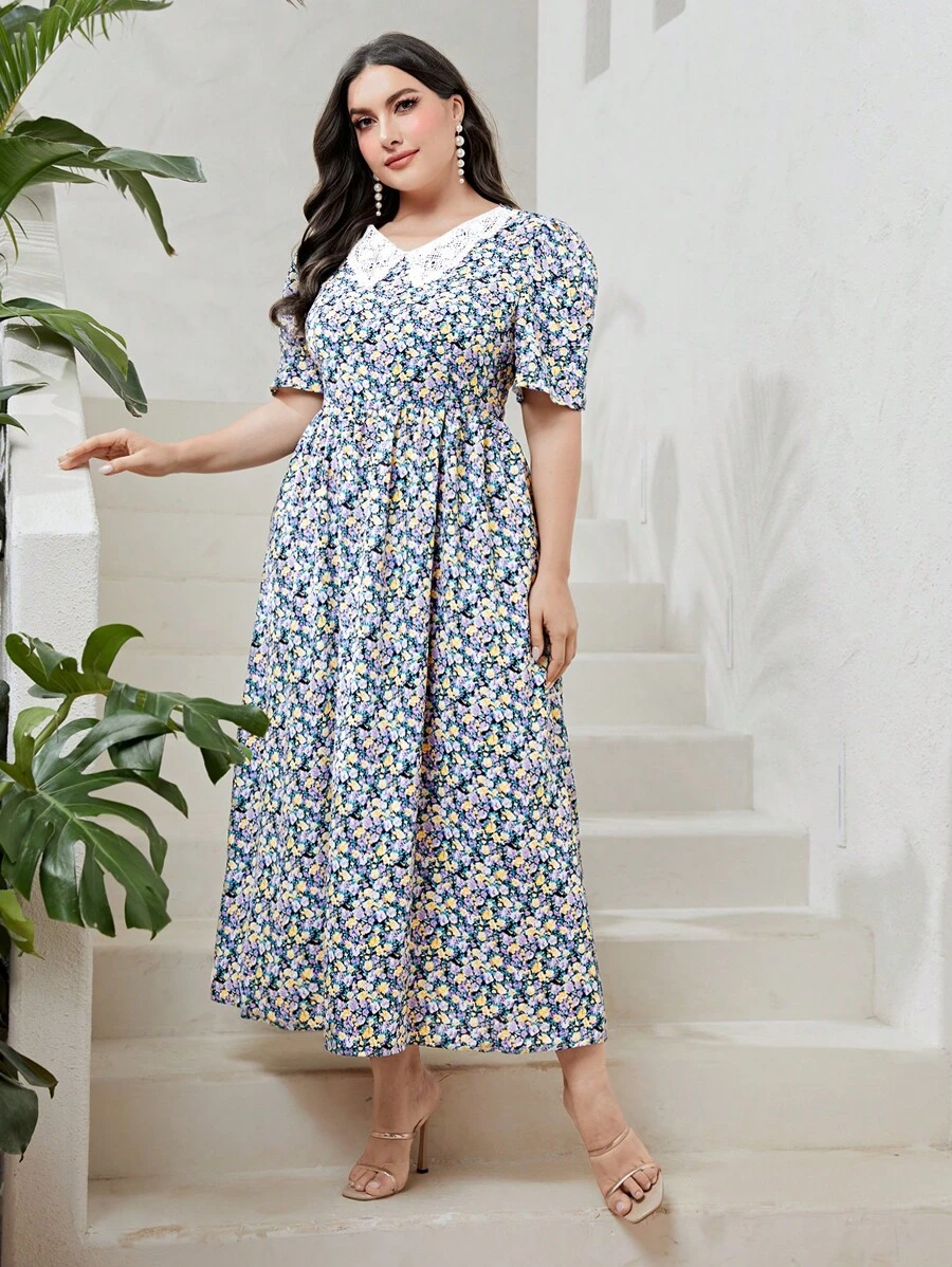 Mulvari Plus Ditsy Floral Print Contrast Lace Dress - Multicolor - View 1