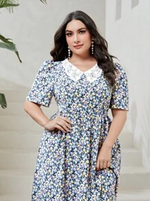 Mulvari Plus Ditsy Floral Print Contrast Lace Dress - Multicolor - View 4