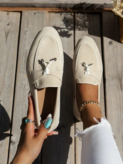 2025 Autumn Elegant Flat Loafers For Women, Faux Suede Knot Detail Metal Decor Slip-On Flats