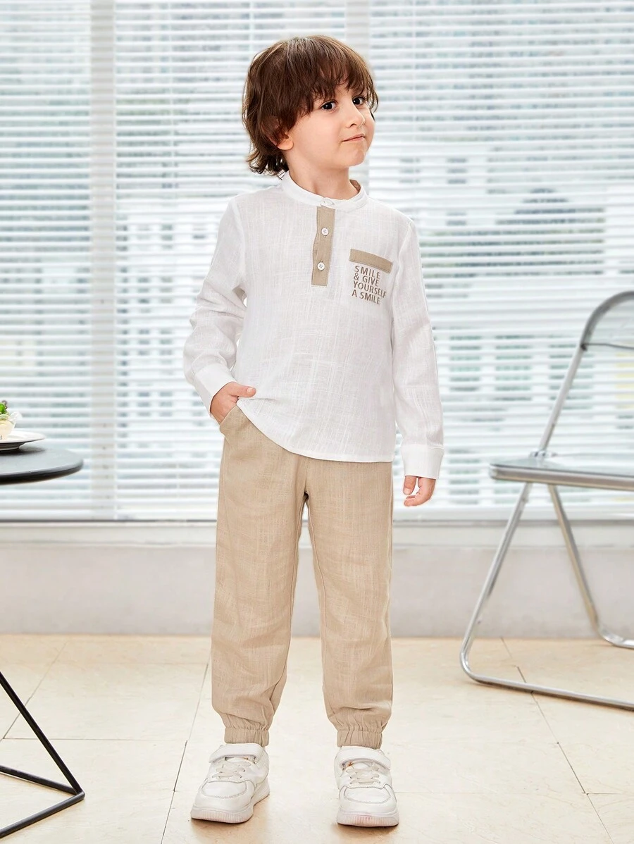 SHEIN 年輕2入組/套刺繡小立領長袖編織上衣和運動褲不附帶彈性 - 彩色 - 查看 1