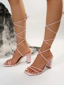 Giày cao gót đế xuồng mùa hè mới cho nữ Giày cao gót buộc dây màu trắng dự tiệc cưới - Hồng - Xem 4