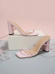 Giày cao gót đế xuồng mùa hè mới cho nữ Giày cao gót buộc dây màu trắng dự tiệc cưới - Hồng - Xem 6