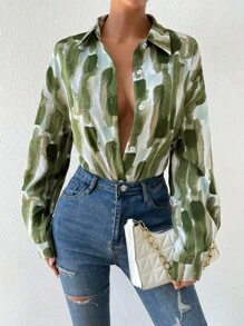 EMERY ROSE 筆刷圖案落肩袖襯衫