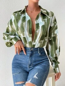 EMERY ROSE 筆刷圖案落肩袖襯衫