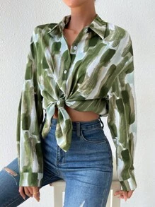 EMERY ROSE 筆刷圖案落肩袖襯衫