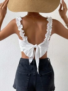 Breezaya Áo khoác và áo lót dành cho xe tăng nữ Lộ Lưng Buộc lại Tranh thêu màu trơn Gợi cảm - trắng - Xem 3