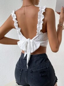 Breezaya Áo khoác và áo lót dành cho xe tăng nữ Lộ Lưng Buộc lại Tranh thêu màu trơn Gợi cảm - trắng - Xem 4