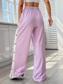 SHEIN EZwear 拼接側邊接縫紐扣細節闊腿褲 - 紫色 - 查看 2