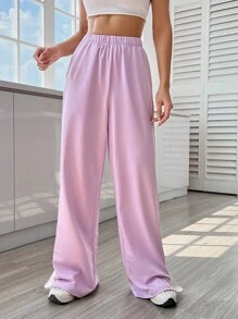 SHEIN EZwear 拼接側邊接縫紐扣細節闊腿褲 - 紫色 - 查看 3