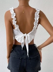 Breezaya Áo khoác và áo lót dành cho xe tăng nữ Lộ Lưng Buộc lại Tranh thêu màu trơn Gợi cảm - trắng - Xem 1