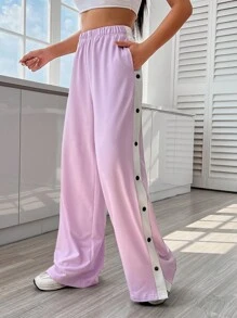 SHEIN EZwear 拼接側邊接縫紐扣細節闊腿褲 - 紫色 - 查看 4