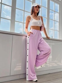 SHEIN EZwear 拼接側邊接縫紐扣細節闊腿褲 - 紫色 - 查看 5