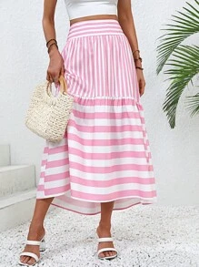 SHEIN VCAY 條紋印花荷葉邊半身裙 - 粉色 - 查看 1