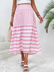 SHEIN VCAY 條紋印花荷葉邊半身裙 - 粉色 - 查看 4