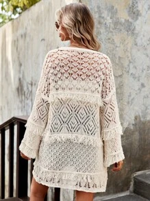 EURMUSE Open Knit Fringe Trim Kimono, For Summer Beach Vacation - Beige - View 2