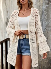 EURMUSE Open Knit Fringe Trim Kimono, For Summer Beach Vacation - Beige - View 4