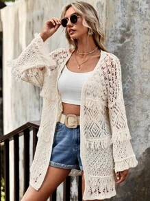 EURMUSE Open Knit Fringe Trim Kimono, For Summer Beach Vacation - Beige - View 6