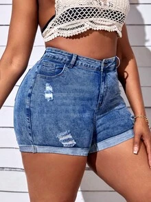 SHEIN SXY Plus Ripped Roll Up Hem Denim Shorts - Medium Wash - View 3