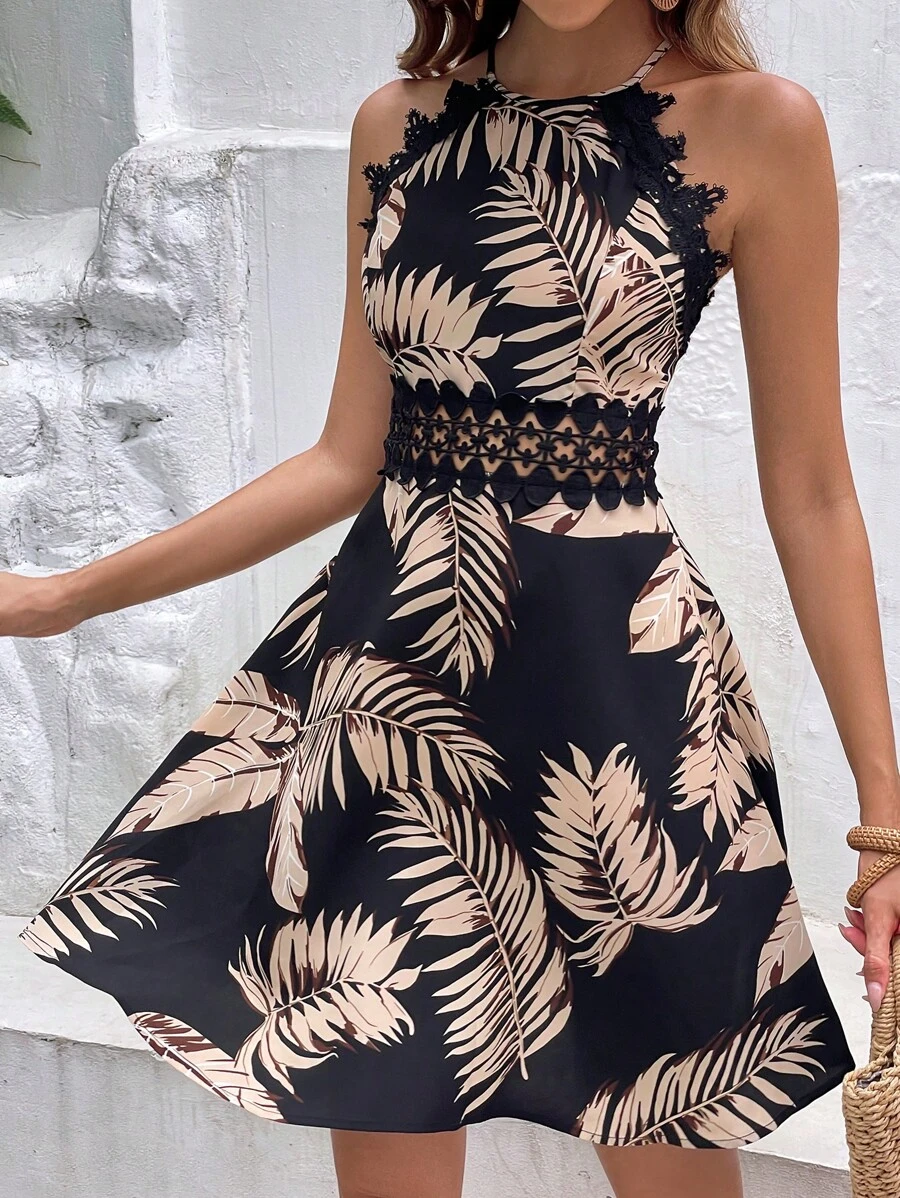 SHEIN Frenchy 熱帶圖案水溶蕾絲拼接繞頸連衣裙 - 黑色 - 查看 1