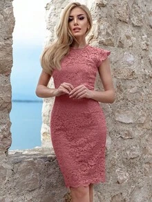 MIUSOL 纯色花卉蕾丝盖袖鸡尾酒会修身连衣裙优雅舞会半正式婚礼宾客礼服，适合生日、毕业典礼、晚宴、返校节 - 藕粉色 - 查看 7