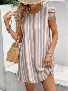 SHEIN VCAY Đầm Lộ Lưng Nút Xù Sọc Giải trí - Nhiều màu - Xem 5