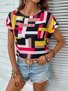 SHEIN LUNE Geo Print Batwing Sleeve Blouse - Multicolor - View 1