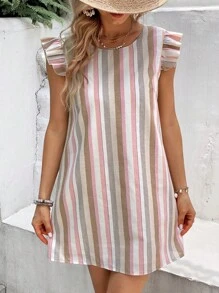 SHEIN VCAY Đầm Lộ Lưng Nút Xù Sọc Giải trí - Nhiều màu - Xem 6