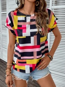 SHEIN LUNE Geo Print Batwing Sleeve Blouse - Multicolor - View 4