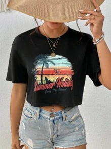 Soleia Áo thun nữ Nhiệt đới Slogan Giải trí - màu đen - Xem 5