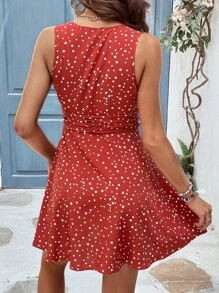 SHEIN VCAY Polka Dot Print Ruched Waist Dress - Red - View 2