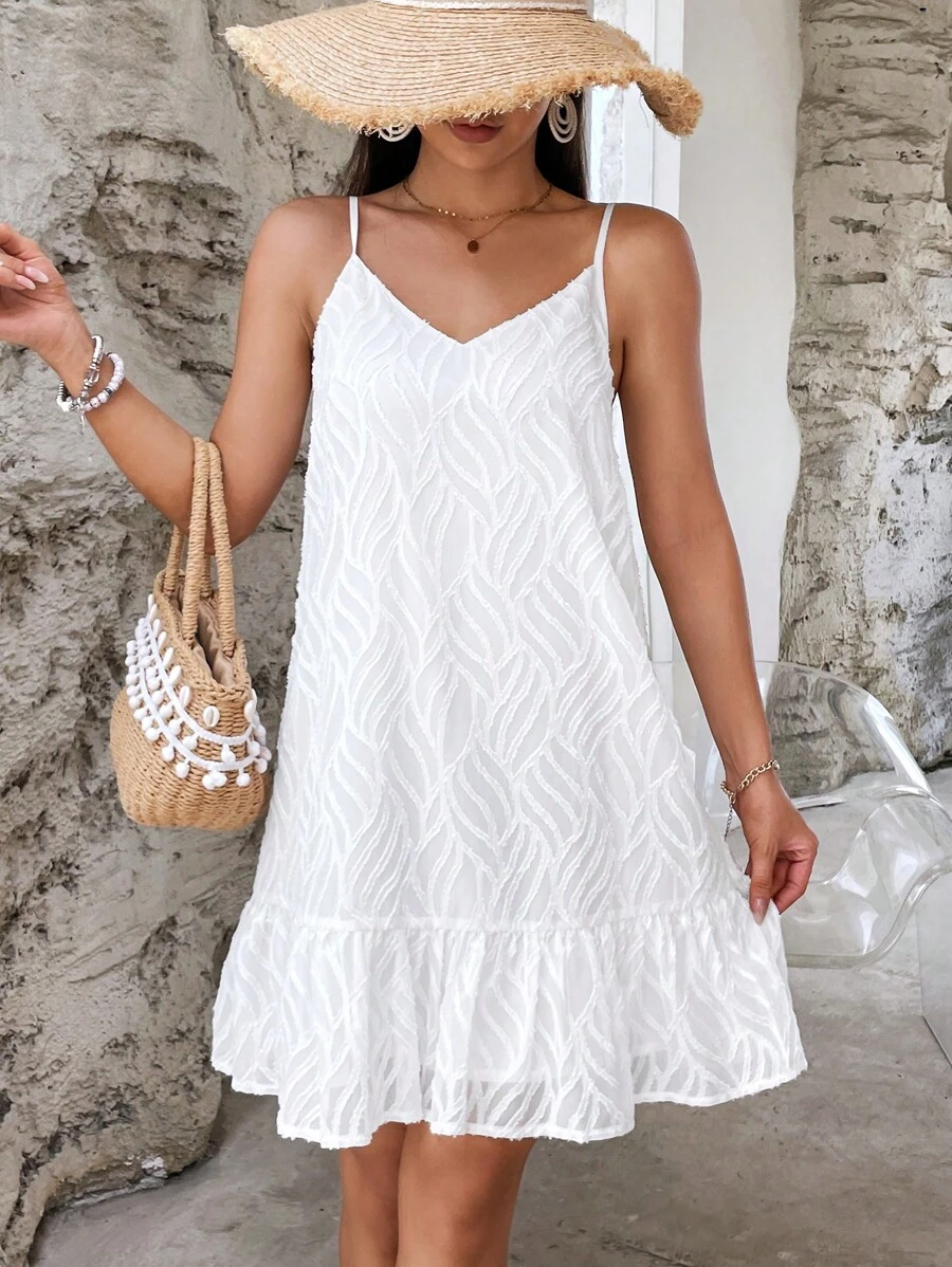 SHEIN VCAY Vestido de tirantes unicolor bajo con fruncido - Blanco - Ver 1