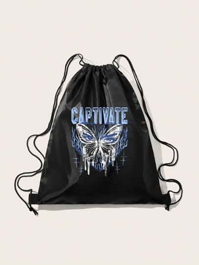 Studio Chunk Medium Drawstring Backpack Casual Butterfly & Letter Graphic For Working, School, Butterfly Bag