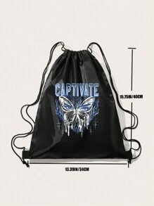 Studio Chunk 中号抽绳背包休闲蝴蝶和字母图案适合工作、学校、时尚蝴蝶包 - 黑色 - 查看 3