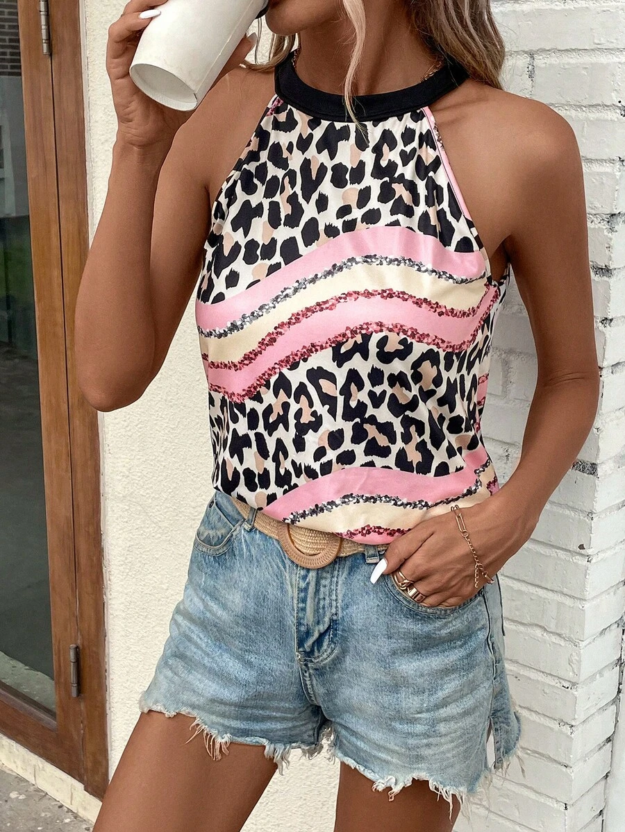 SHEIN Clasi Leopard Print Halter Top - Multicolor - View 1