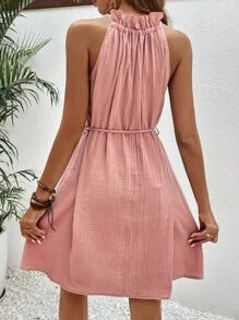 SHEIN Frenchy Đầm Thắt lưng viền lá sen Thắt nút màu trơn Giải trí - Bụi hồng - Xem 2