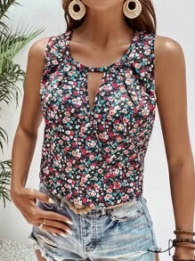 SHEIN Frenchy 碎花鎖眼領口背心上衣