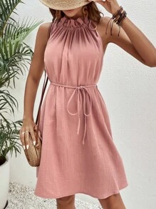 SHEIN Frenchy Đầm Thắt lưng viền lá sen Thắt nút màu trơn Giải trí - Bụi hồng - Xem 1