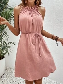 SHEIN Frenchy Đầm Thắt lưng viền lá sen Thắt nút màu trơn Giải trí - Bụi hồng - Xem 4