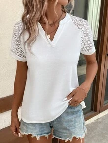 SHEIN LUNE 蕾絲拼接插肩袖T恤 - 白色 - 查看 4