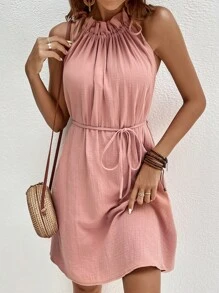 SHEIN Frenchy Đầm Thắt lưng viền lá sen Thắt nút màu trơn Giải trí - Bụi hồng - Xem 7