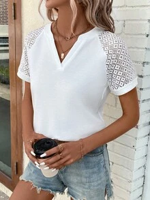 SHEIN LUNE 蕾絲拼接插肩袖T恤 - 白色 - 查看 5