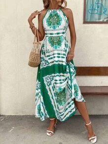 SHEIN LUNE 圍巾圖案吊脖吊帶連衣裙 - 彩色 - 查看 1