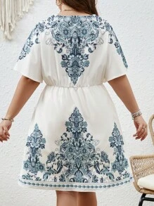 SHEIN LUNE Plus Size Floral Print Short Sleeves Casual Dress - Multicolor - View 2