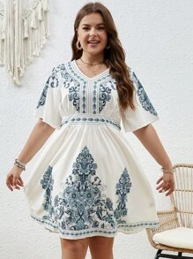 SHEIN LUNE Plus Size Floral Print Short Sleeves Casual Dress - Multicolor - View 3