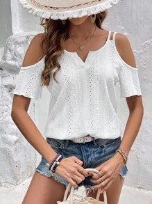 SHEIN Frenchy Áo thun nữ Cắt ra Tranh thêu màu trơn Giải trí - trắng - Xem 5