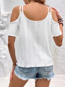 SHEIN Frenchy Áo thun nữ Cắt ra Tranh thêu màu trơn Giải trí - trắng - Xem 2